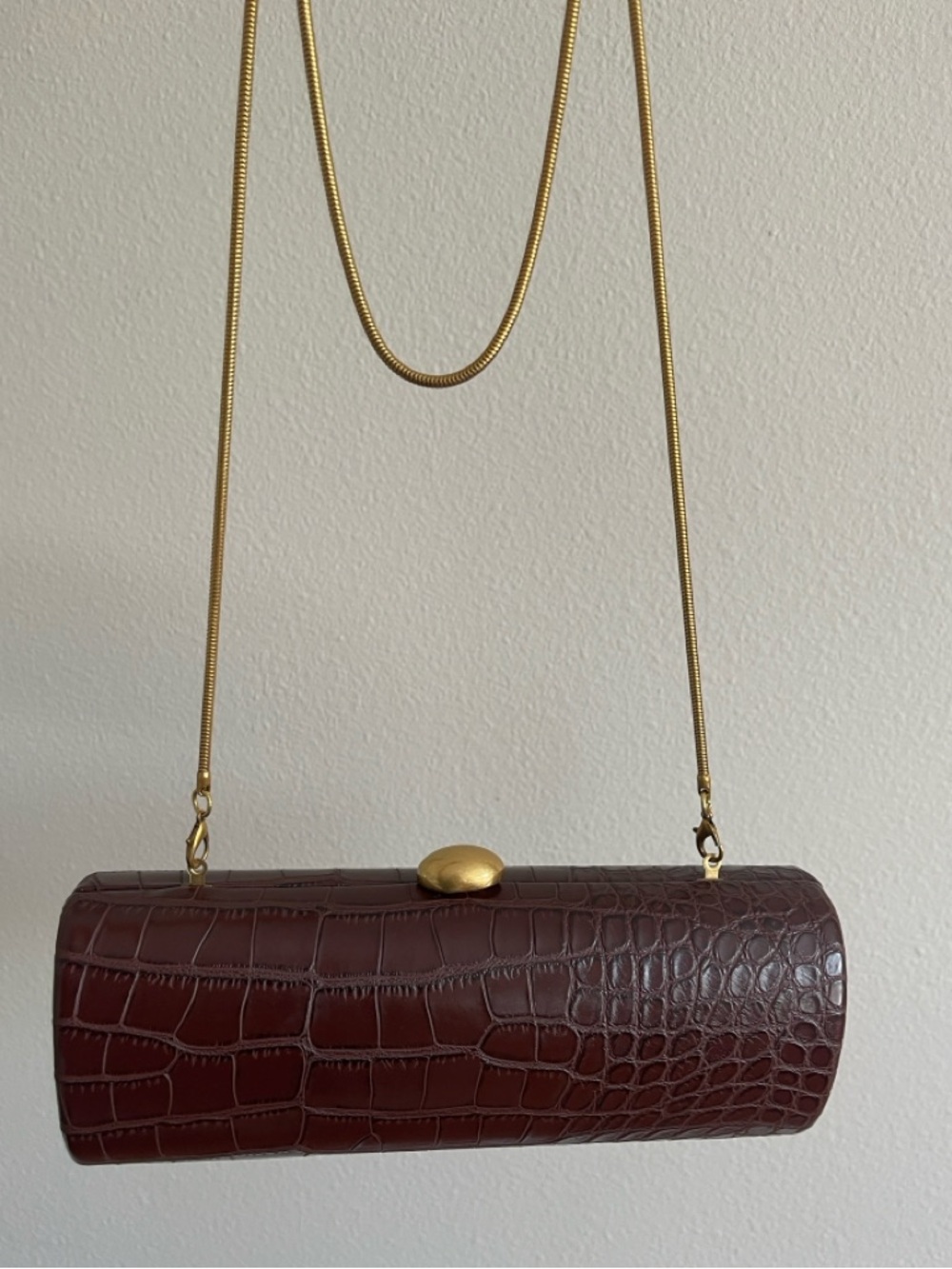 Stylish Brown Croc-Embossed Cylinder Shoulder Bag/Clutch